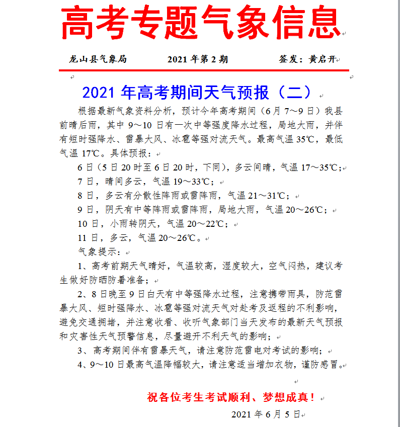 2021年高考期间天气预报（二）
